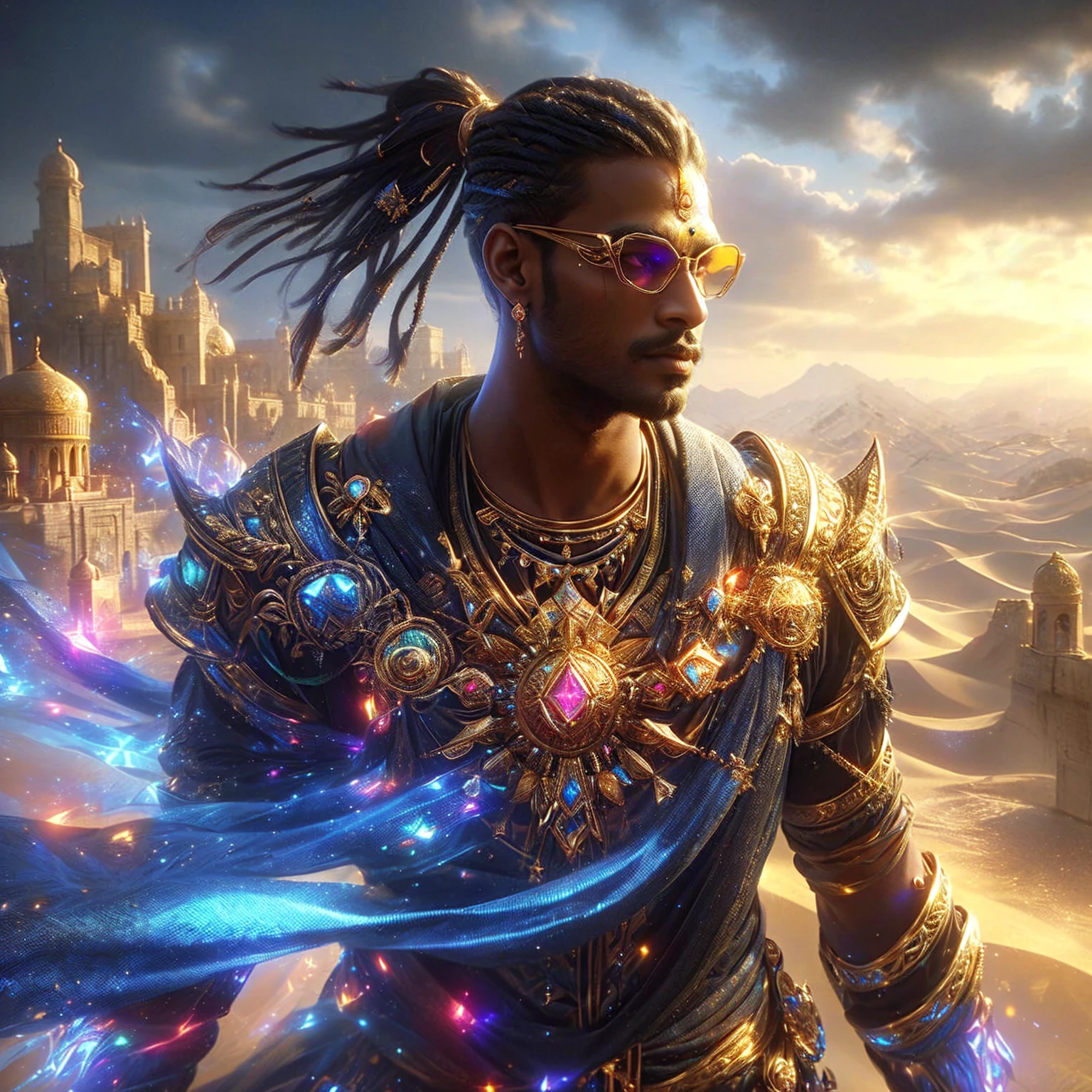 Male, black hair, fine gold clothes, fine gold jewelry. , Man, the god is very handsome. , Handsome Indian man, no mustache, no head.