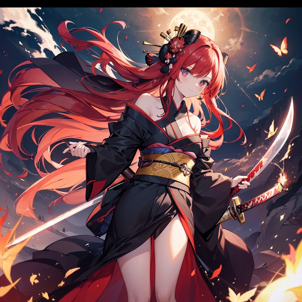 ((((Grasp the sword 1 person)))) (((Redhead Long Hair Black kimono red band Goddess of victory))) ((Red butterfly night Japanese style shoulder old)) (moon star autumn) Shining Edge Shining Background
