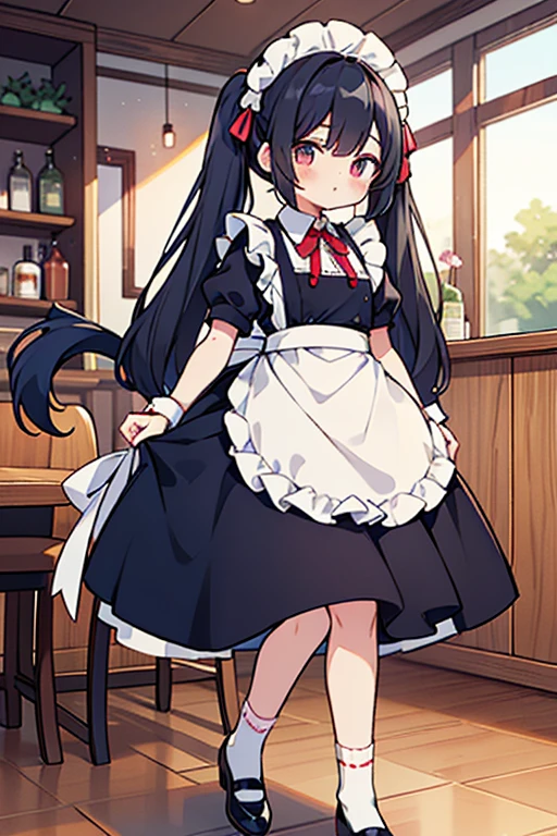 One adult woman,hair_Navy Blue,Twin tails,big tail,Cafe Waitress,apron_red,Classic Maid,Clothes_red,gentleman_long,eye_pink,socks_white,pumps_black,clear,Elegant,red面