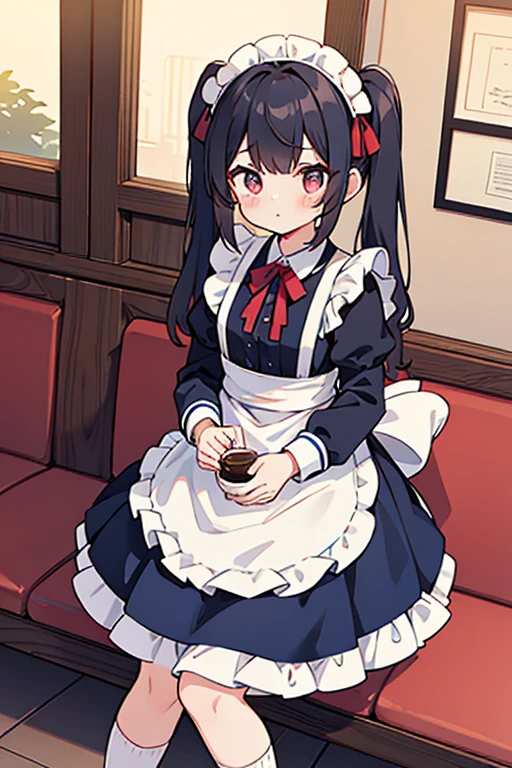 One adult woman,hair_Navy Blue,Twin tails,big tail,Cafe Waitress,apron_red,Classic Maid,long,eye_pink,socks_white,pumps_black,clear,Elegant,red面