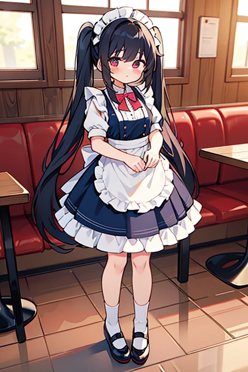 One adult woman,hair_Navy Blue,Twin tails,big tail,Cafe Waitress,apron_red,Classic Maid,long,eye_pink,socks_white,pumps_black,clear,Elegant,red面