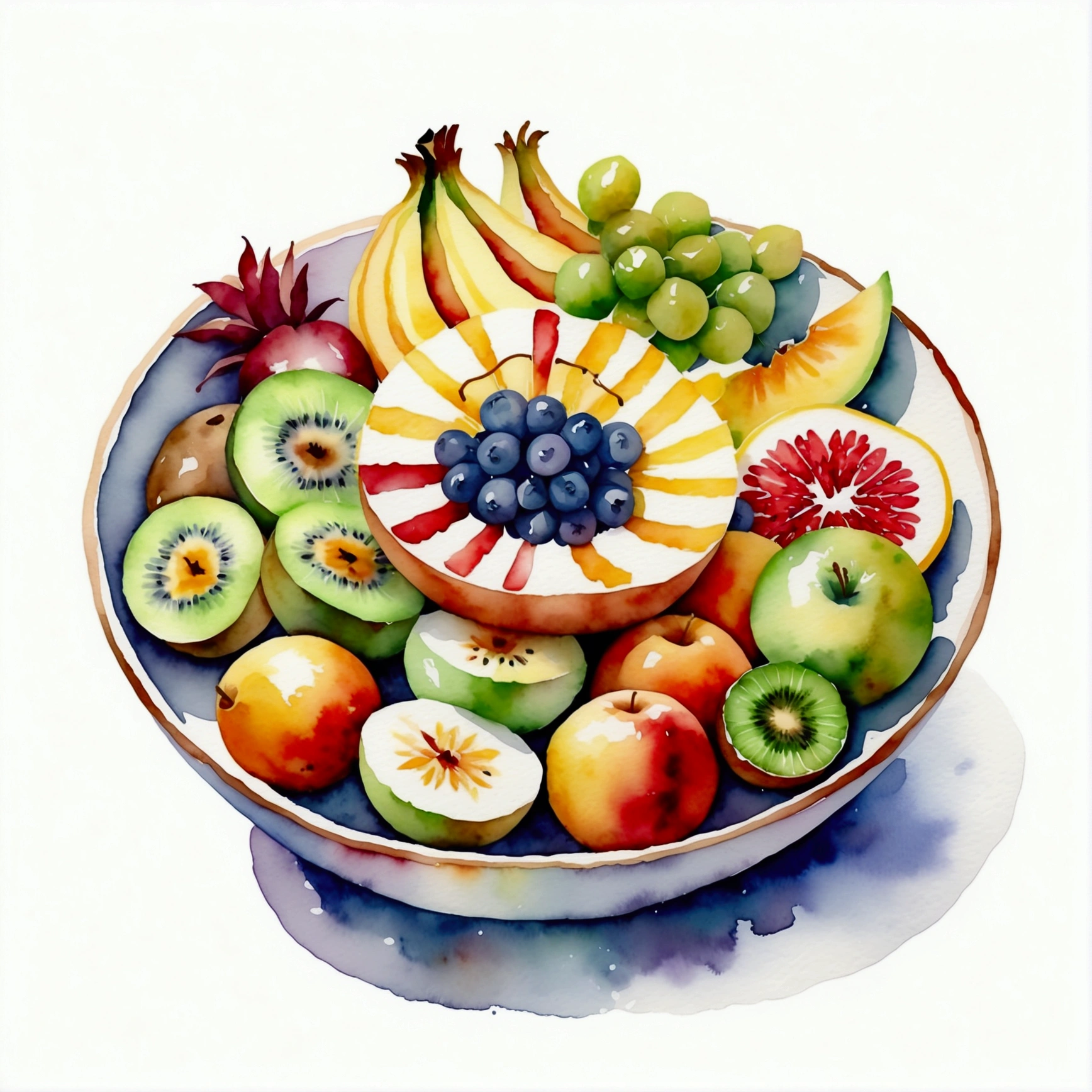 a very clean image painting of a clay bowl of many delicious fruits salad ((watercolor)), solid white background, center composition, negative space around the object, washed out color, detailed masterpiece, loose drawing, clipart, vector art, illustration