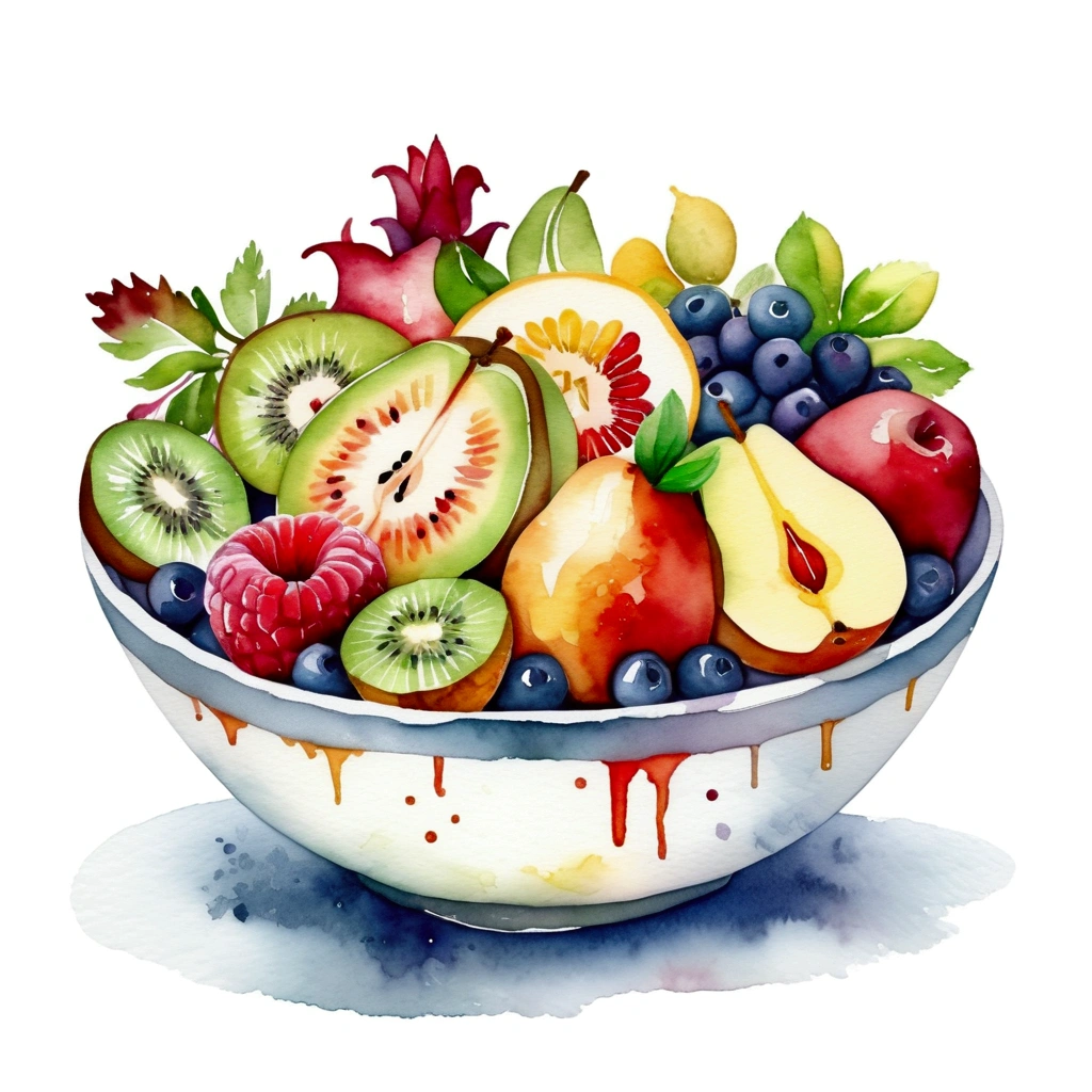 a very clean image painting of a clay bowl of many delicious fruits salad ((watercolor)), solid white background, center composition, negative space around the object, washed out color, detailed masterpiece, loose drawing, clipart, vector art, illustration