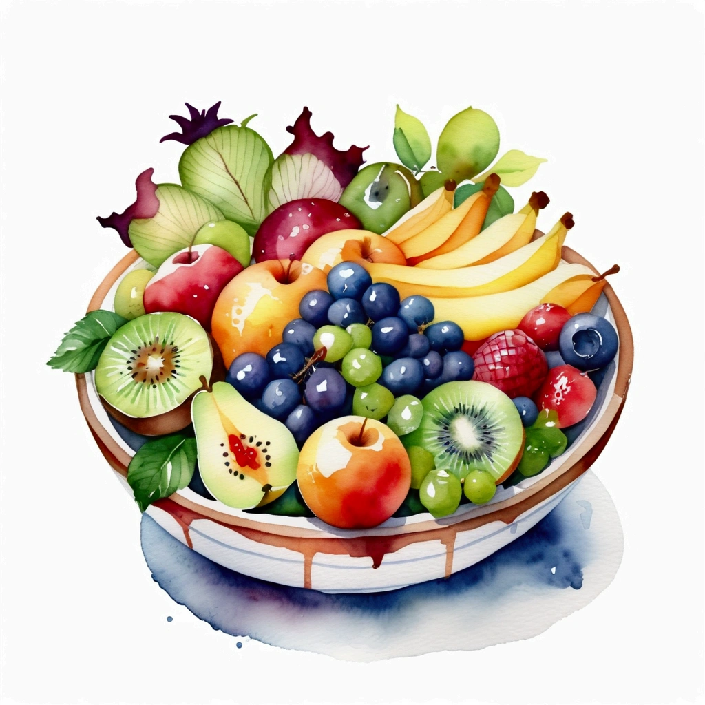 a very clean image painting of a clay bowl of many delicious fruits salad ((watercolor)), solid white background, center composition, negative space around the object, washed out color, detailed masterpiece, loose drawing, clipart, vector art, illustration