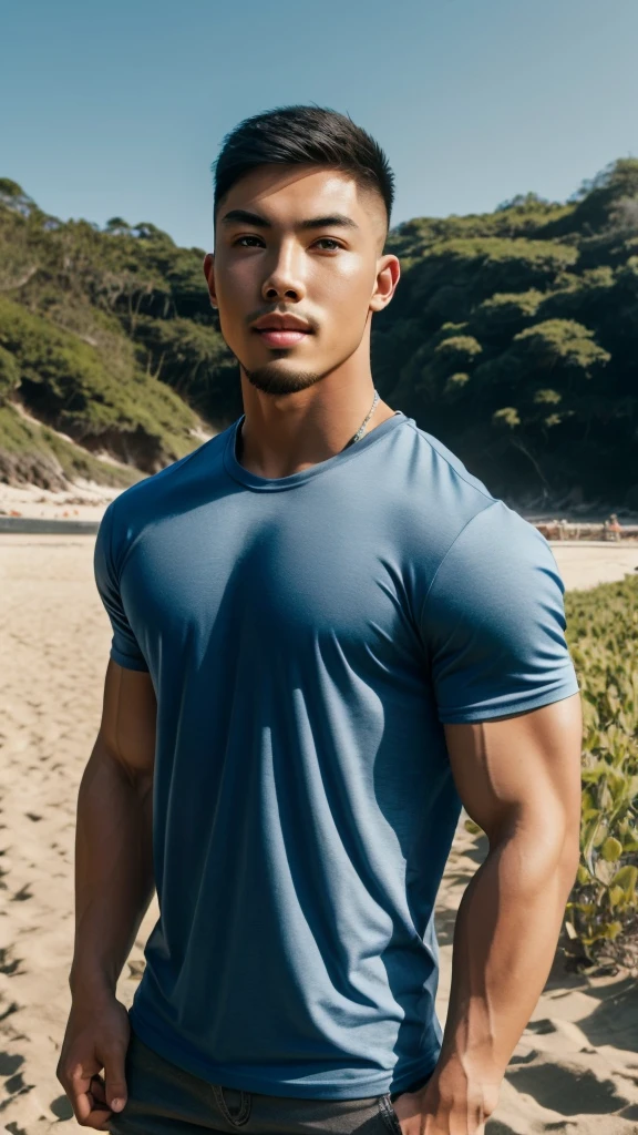 Tony Labrusca, A handsome, muscular young Asian man looks at the camera. In a plain blue t-shirt , Fieldside, grass, beach, sunlight