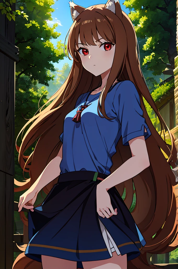 (masterpiece:1.3), (best quality:1.1), (8k, ultra detailed, ultra high res:1.2), ((anime style:)), (perfect 5 fingers:1.1), perfect anatomy, 
1girl, wolf girl, 
pastel color, colorful,
BREAK long hair, wolf ears, fuffy hair in the ears, 
brown hair, 
red eyes, BREAK blue T-shirt, brown skirt, long skirt, 
small breasts,   
BREAK looking at viewer, 
cowboy shot, 
standing, 
perfect light, 
outdoor, outside, forest, sky, 