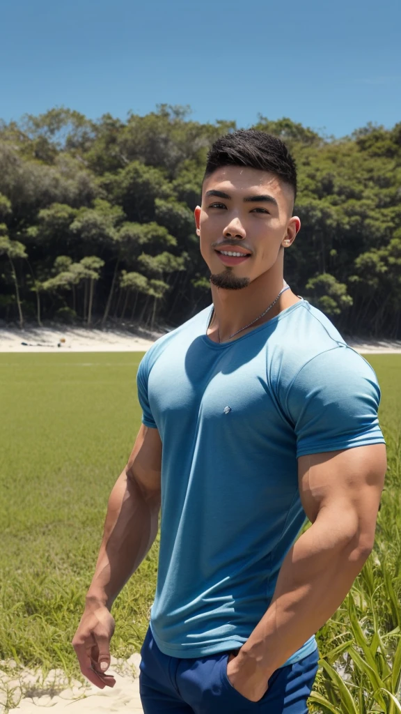 Tony Labrusca, A handsome, muscular young Asian man looks at the camera. In a plain blue t-shirt , Fieldside, grass, beach, sunlight