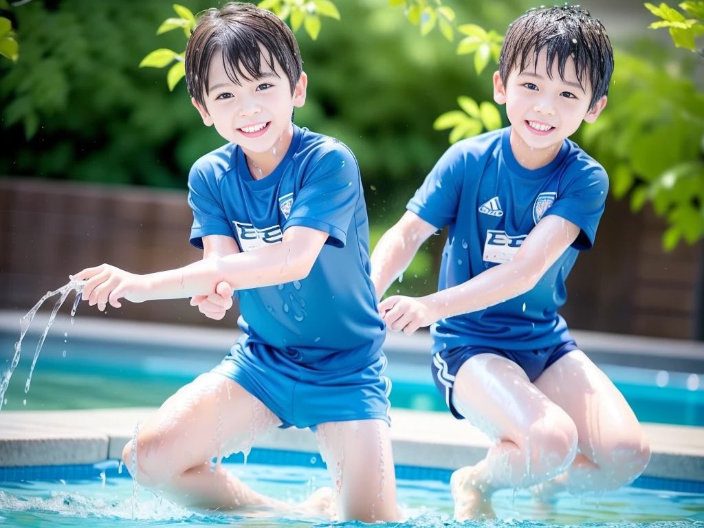 hot summer、、Summer swimming pool、Fun every day、Get wet all over、Japan Boy、Glowing water splashes、Pool lessons、Boy playing in water、The happy boys、Strong sunlight、Short sleeve gym uniform、Blue shorts、barefoot,Boys only 、10age、high resolution、masterpiece