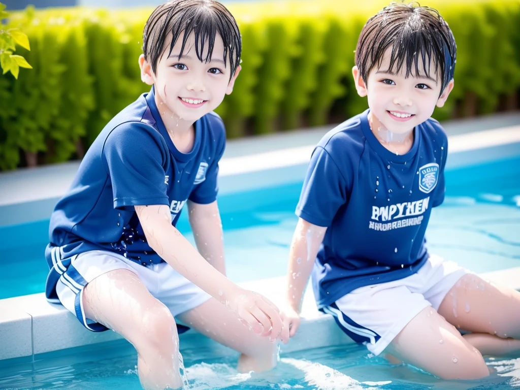 hot summer、、Summer swimming pool、Fun every day、Get wet all over、Japan Boy、Glowing water splashes、Pool lessons、Boy playing in water、The happy boys、Strong sunlight、Short sleeve gym uniform、Blue shorts、barefoot,Boys only 、10age、high resolution、masterpiece