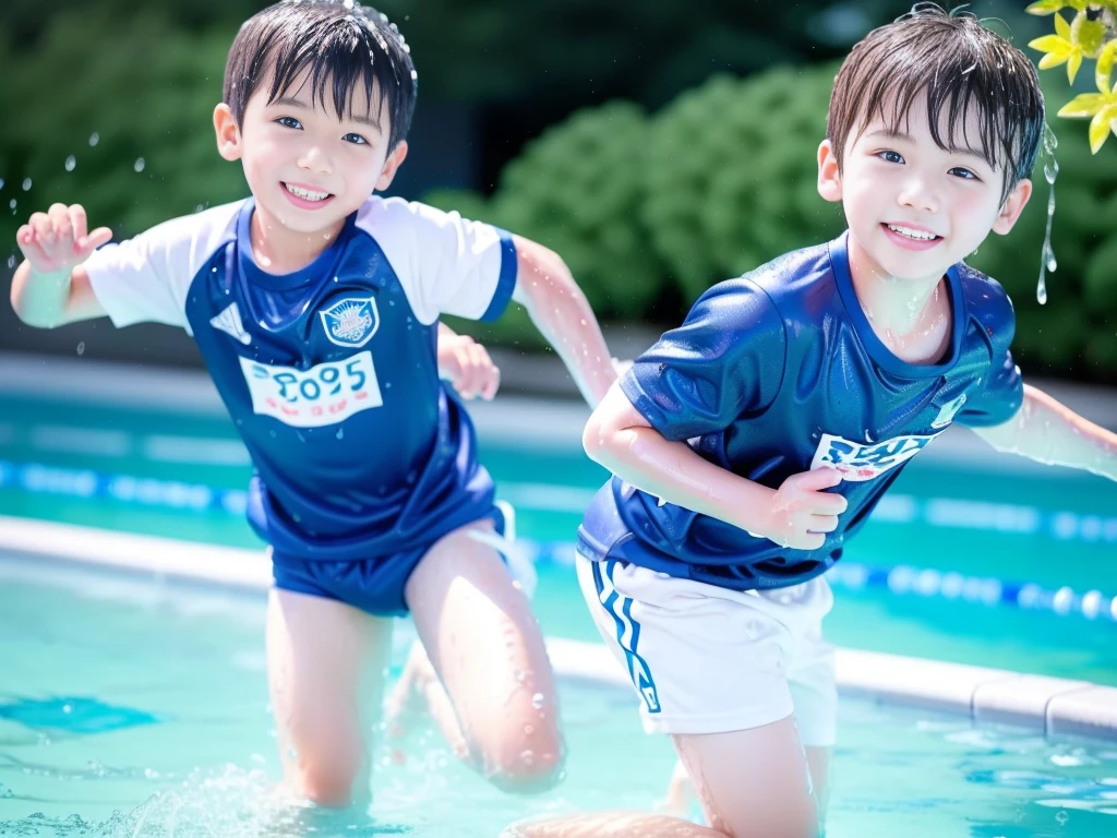 hot summer、primary school、Summer swimming pool、Fun every day、Get wet all over、Japan Boy、Glowing water splashes、Pool lessons、Boy playing in water、The happy boys、Strong sunlight、Short sleeve gym uniform、Blue shorts、barefoot,Boys only 、10age、high resolution、masterpiece