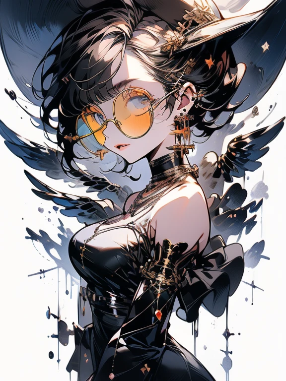 (masterpiece:1.2), Highest quality,sexy,Big Breasts, alone, Colored glasses, jewelry, hair ornaments, View your viewers,One girl, short hair,Earrings, whole body, hair 花, Colored glasses, sunglasses, necklace, bangs, Gray Hair, Round Glasses, Earrings