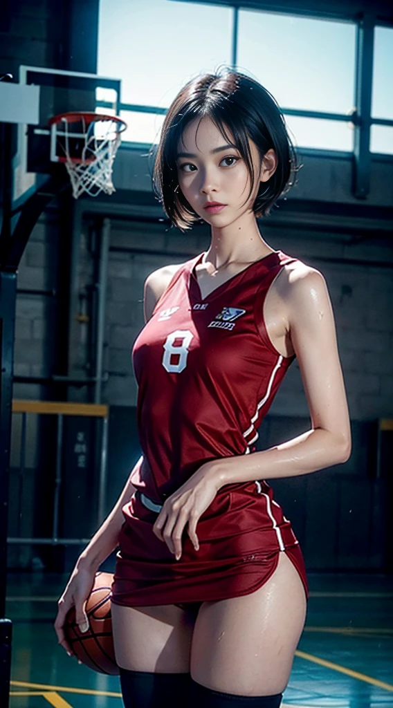 (NSFW), 1womanl, Solo, 24 year old, (cute face), (Ideal ratio body proportions), Basketball court, Basketball Uniforms, run, The costume is sheer, Wearing sweat, Wet, short-hair, Dark hair, , A slender, Small buttocks, Skinny Legs, surrealism, Cinematic lighting, depth of fields, One-person viewpoint, F/1.8, 135 mm, nffsw, masutepiece, ccurate, Anatomically correct, Textured skin, Super Detail, high details, High quality, awardwinning, Best Quality, hight resolution, 8K
