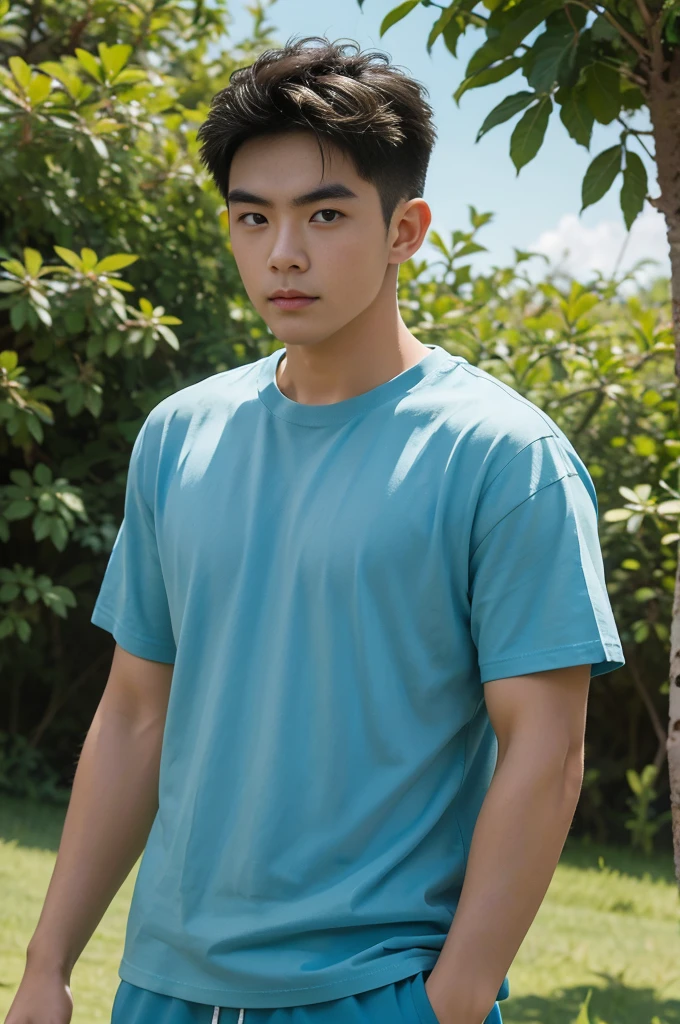 A handsome, muscular young Asian man looks at the camera. In a simple blue t-shirt , Fieldside, grass, beach, sunlight