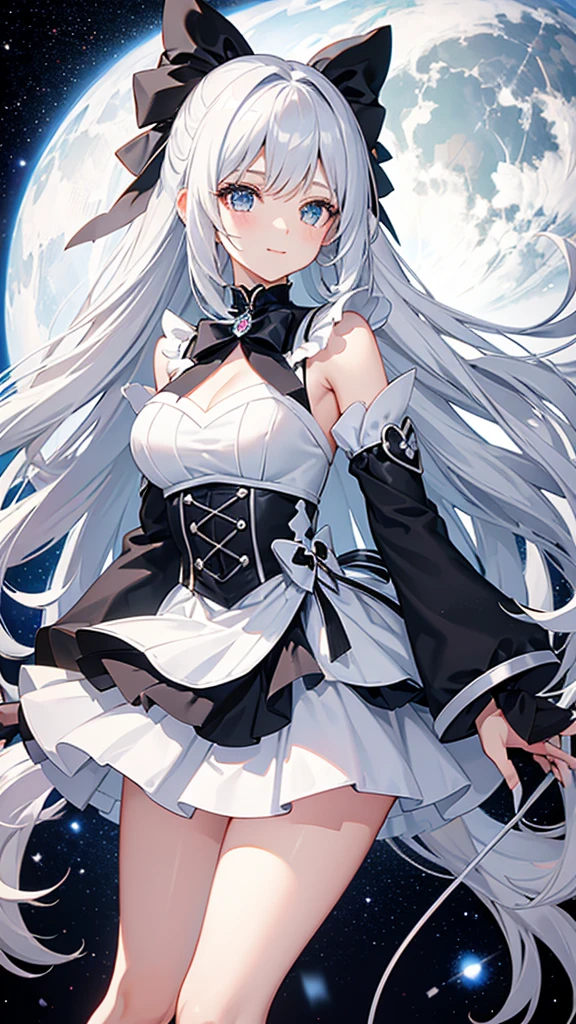 Magical girl　black and white costume　mini skirt　No sleeve　Long hair with silver hair　Ribbon in hair　smile　Great style　Directly facing　universe space