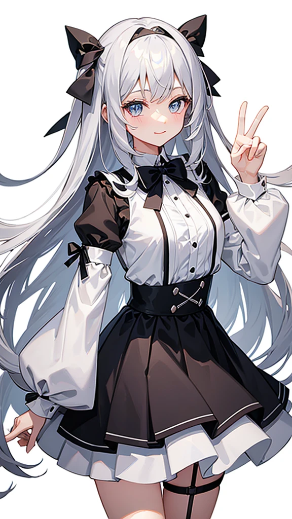 Magical girl black and white costume mini skirt No sleeve Long hair with silver hair Ribbon in hair smile Great style Directly facing universe space