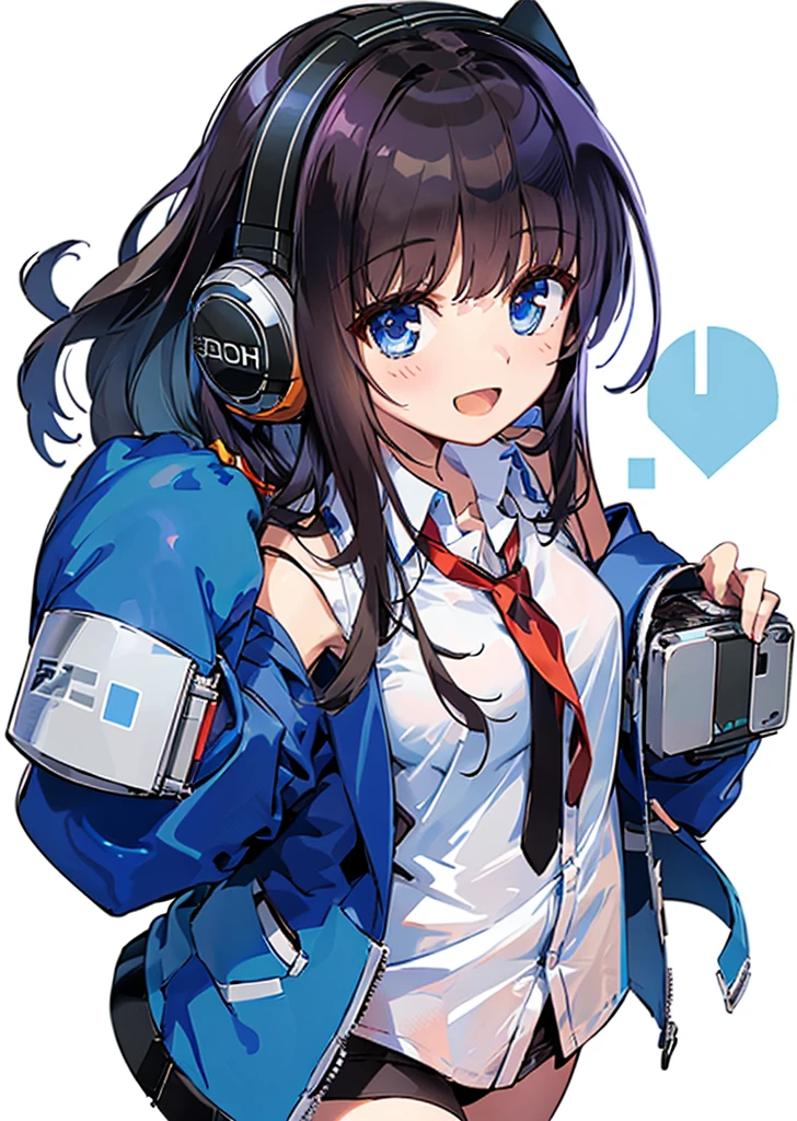 long_island\(azur lane\),long_hair,blue_eyes,black hair, white_shirt,necktie,blue_jacket,headphones,sleeves_past_wrists, full body, from above, ;d, simple background,, masterpiece, best quality, extremely detailed face, sharp details, high contrast,