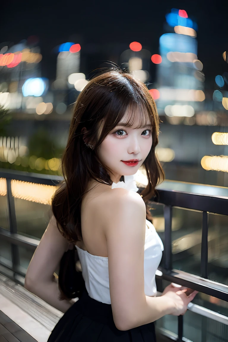 (masterpiece)), ((best quality)), (ultra-detailed), ((kawaii)), cute, (lovely), ((sexy)), (ero), ((extremely detailed)), 4K, (8K), best quality,A young Japanese idol, topless, standing on a luxury hotel balcony at night. Her back is facing the camera as she gazes at the city lights. She is covering her chest with her arms. The background features a sparkling cityscape. Highly detailed, sophisticated, artistic, tasteful.