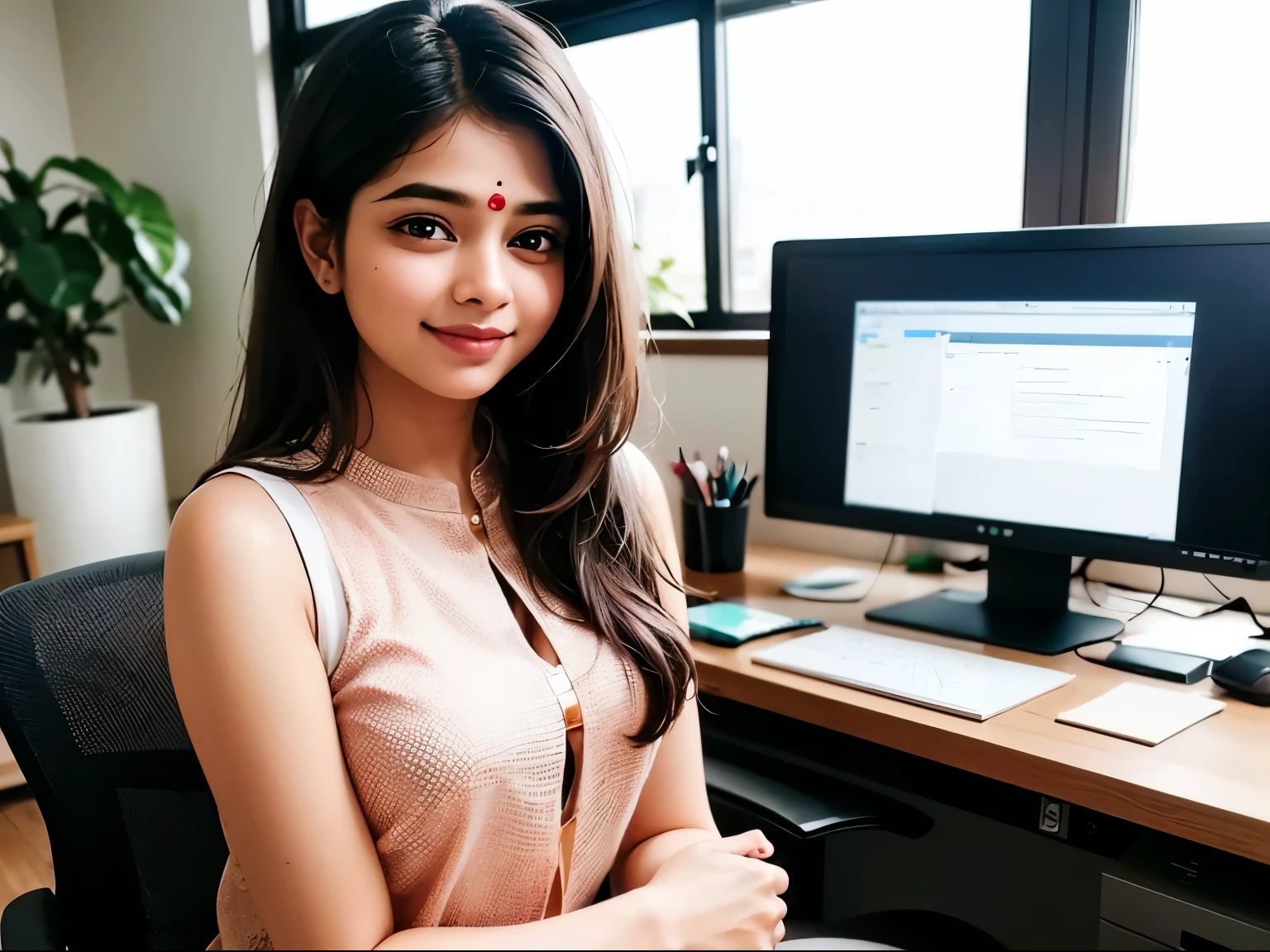 ((best quality)), ((masterpiece)), (detailed), A digital illustration of a young Indian woman with a bindi smiling standing in an office setting