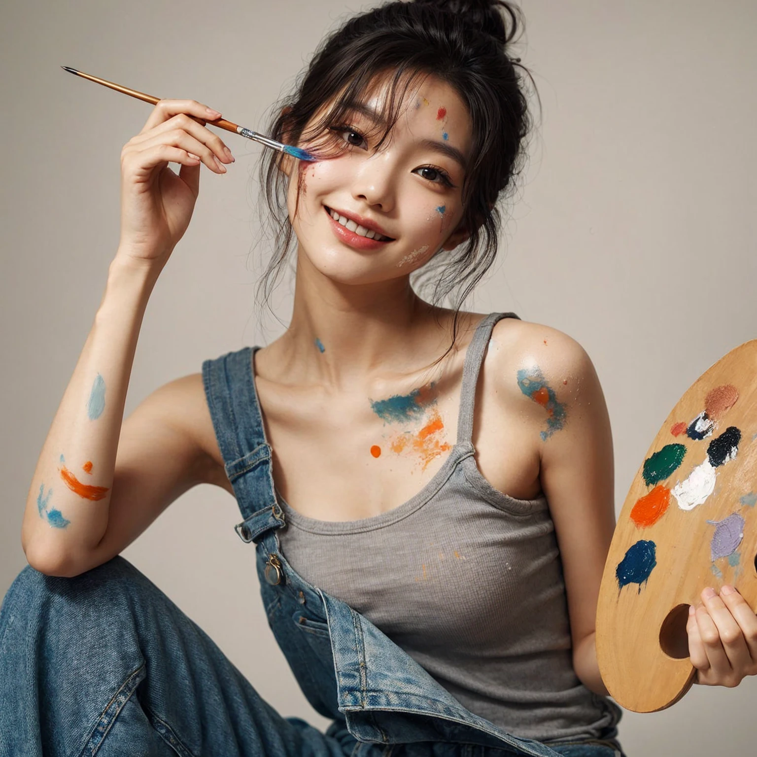 a high-resolution realistic image of a young korean woman in a playful and creative pose. She holds a palette of paint in one hand and a paintbrush in the other. she has paint splatters on her face, neck, and shoulders, giving a artistic vibe. wearing a gray tank top and denim pants. hairstyled in a loose, casual manner. The background is simple and unobtrusive, focusing attention on the subject. The overall atmosphere should be lighthearted and creative, capturing the joy