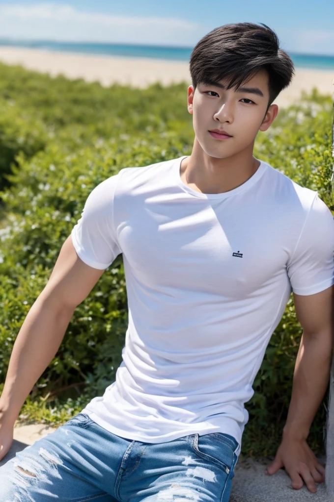 Young Korean man in a white t-shirt and jeans, A handsome, muscular young Asian man looks at the camera. In a simple blue t-shirt , Fieldside, grass, beach, sunlight