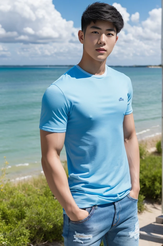 Young Korean man in a white t-shirt and jeans, A handsome, muscular young Asian man looks at the camera. In a simple blue t-shirt , Fieldside, grass, beach, sunlight