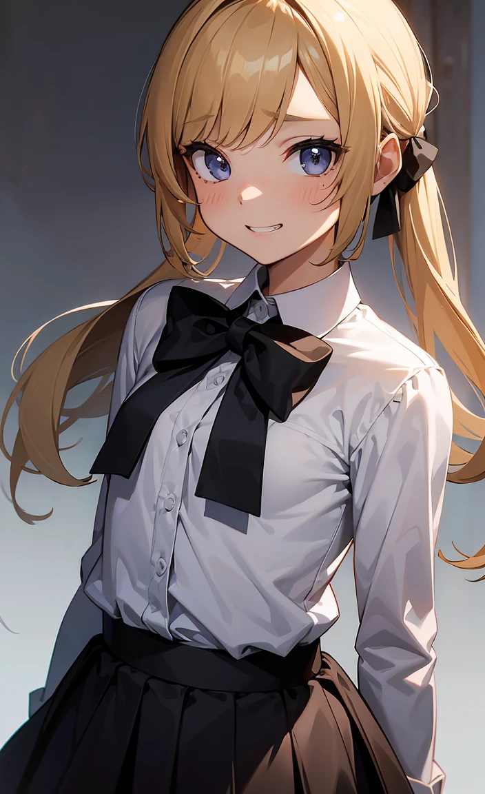 One girl,
(Flat Chest:1.3),(shirtのボタンを開ける:1.2)
Blonde, {{{Half Twin Tail:1.3}}}、break,blush, bow, 赤いbow, Long sleeve, shirt, 襟付きのshirt, skirt, プリーツskirt, 黒いskirt, Small breasts,
{{{Face close-up}}},Upper Body,
Look down,View your viewers,
Tabletop, Highest quality, , Absurd, Perfect Skin, Detailed skin texture, Ultra-detailed, 8K, Intricate details, Beautifully detailed face,High resolution,
{{{Shadowed face}}}, mock, {{{Grit your teeth:1.2}}}, Grin, smile, Looking down at the viewer, masterpiece,Absurd, Beautiful detailed face when viewed from the front,