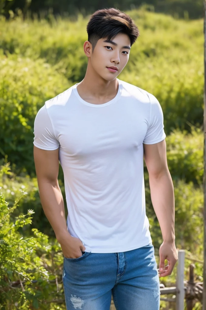 Young Korean man in a white t-shirt and jeans, A handsome, muscular young Asian man looks at the camera. In a simple blue t-shirt , Fieldside, grass, beach, sunlight