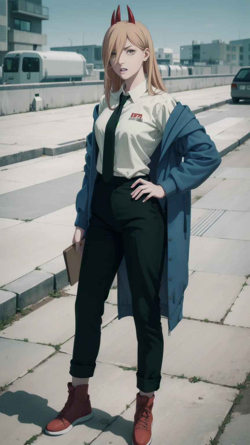 (Full body shot:1.3), standing, White background, Upright stance,ultra realistic 8k cg, masterpiece, (highly detailed, fine details), best quality, 1girl, (photorealistic:1.4),beautiful lighting, absurdres, RAW photo, film grain, csm anime style, 1girl, horns, solo, teeth, sharp teeth, long hair, hair over one eye, demon horns, yellow eyes, hood, blonde hair, anime coloring, red horns, jacket, black pants, power (chainsawman), cross-shaped pupils, horns, white shirt, pants, collared shirt, black necktie, blue jacket,