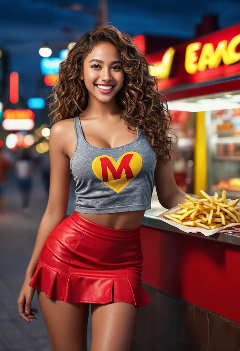 8k,beautiful mixed girl, long wavy hair, extremely detailed sexy, Light smile, beautiful detailed eyes, big butt, beautiful chest, smile, Red sexy tank top, red mini skirt, night, vibrant colors, Macdonald, fast food, eat fries, (best quality,4k,8k,highres,masterpiece:1.2),ultra-detailed,(realistic,photorealistic,photo-realistic:1.37),portrait,landscape