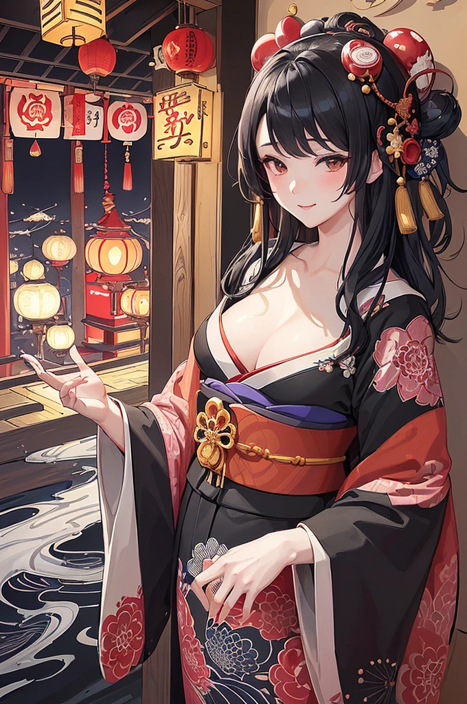(masuter piece、top-quality、ukiyoe style、Mystical、Beautifully Aesthetic、offcial art、Sharaku:1.2)、(1 girl in:1.3)、(Fractal Art:1.3)、cowboy shot、white and clean skin、(Beautiful black hair、kimono:1.2)、Traditional performing arts of Japan in the background、highly colorful、(scrollwork、A Japanese style:1.2)、smile