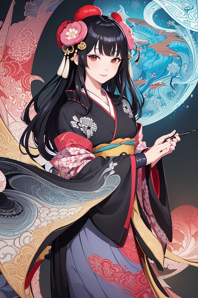 (masuter piece、top-quality、ukiyoe style、Mystical、Beautifully Aesthetic、offcial art、Sharaku:1.2)、(1 girl in:1.3)、(Fractal Art:1.3)、cowboy shot、white and clean skin、(Beautiful black hair、kimono:1.2)、Traditional performing arts of Japan in the background、highly colorful、(scrollwork、A Japanese style:1.2)、smile