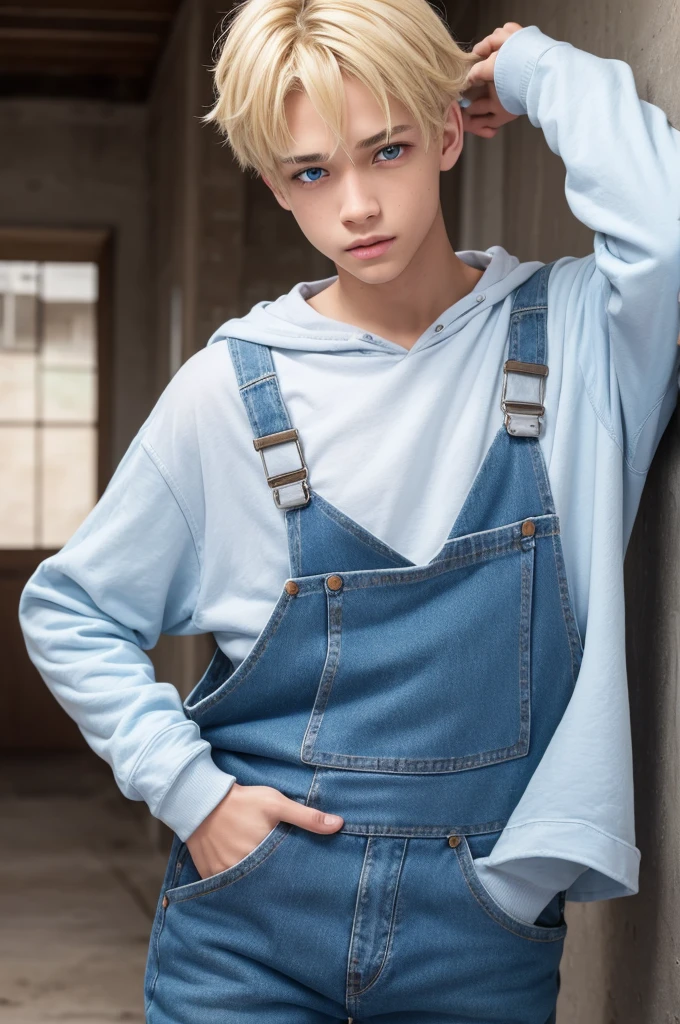 light skin boy,blonde with blue highlights,blue colored eyes,in overalls, jeans and white sweatshirt