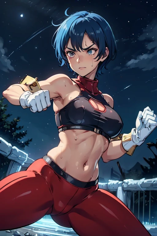 (best quality,masterpiece,ultra highres,cel anime,8k:1.2),(1man:1.5),1mature woman in(short blue haired,30years old), BREAK (night ruin:1.7),(abs:0.8), BREAK (blue leotard in red line:1.2), BREAK (red yoga pants:1.4), BREAK (white gloves:1.4), BREAK (navel cutout:1.5),(sweat:1.2),(sholder bare), BREAK (selious, scowl:1.2),(motion blur),(fighting stance:1.3),(punching,rushpunch:1.4),