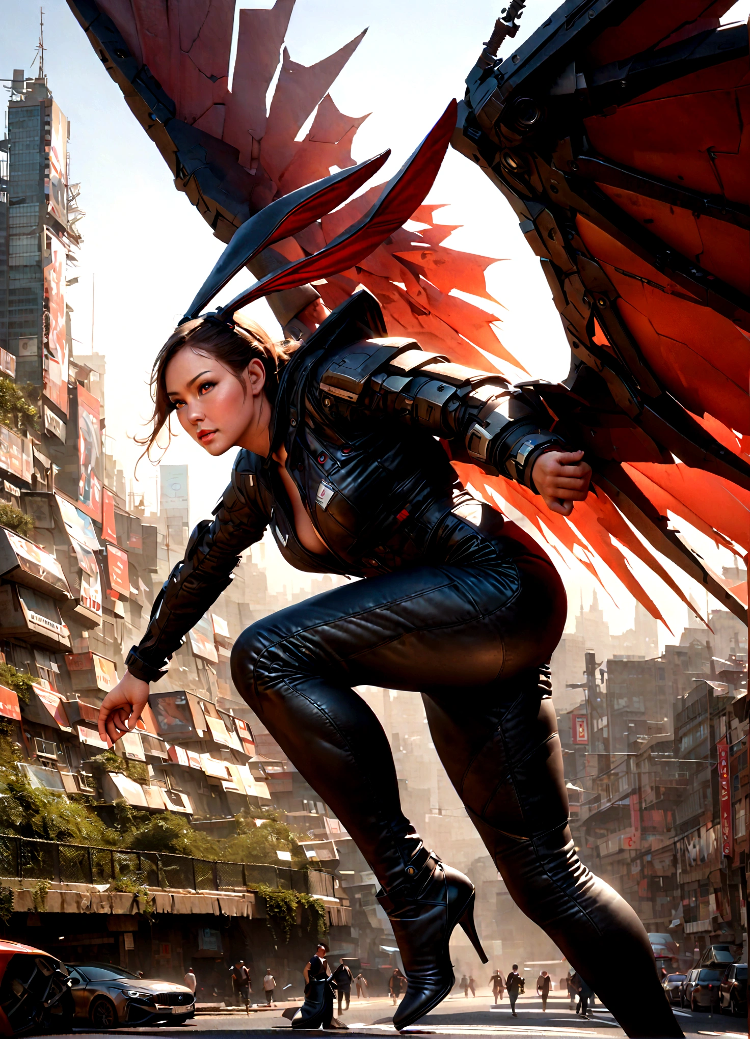 (Best quality,4K,8K,A high resolution,Masterpiece:1.2),Ultra-detailed,(Realistic,Photorealistic,photo-realistic:1.37),[Cyberpunk,Girl,The center of the picture,frontage，Mechanical,Metallic,robotic limb,high-heels，(Huge wings),(Rabbit ears)],Futuristic city landscape,nigth,Suspended in the street，Science fiction elements,urban chic,