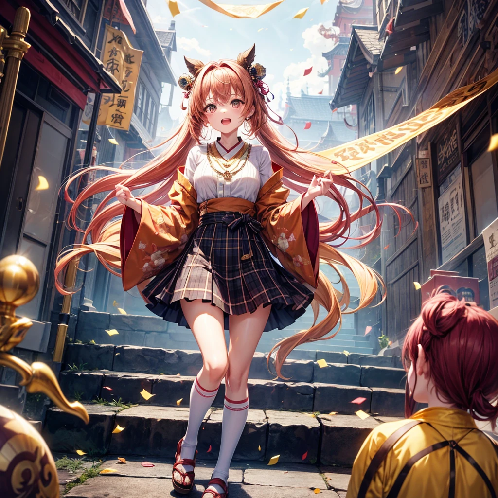 Pink, red, brown, gold, gold hair、Red gold eyes、Hair tied up、One good looking girl、solo、anime、Checkered mini skirt、Ruffles on the skirt、Checked dress、blouse、Kimono、Black knee-high socks、Ribbon、Ribbon on waist、Teeth are visible、Sparkly Necklace、From above、Cobblestones、waterfall、Starry Sky、Midnight Moon、suspension bridge、beam、Standing still、Transparent、Dragon flying、goddess、Edo、Confetti、Kicking、Ancient City