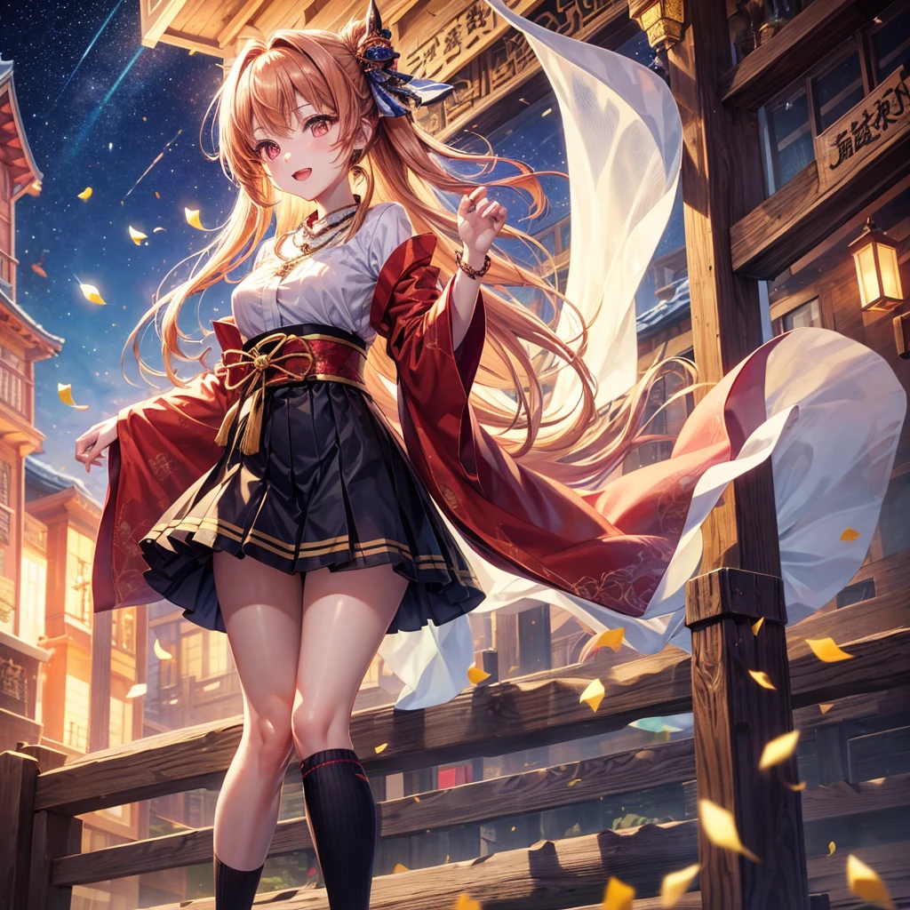 Pink, red, brown, gold, gold hair、Red gold eyes、Hair tied up、One good looking girl、solo、anime、Checkered mini skirt、Ruffles on the skirt、Checked dress、blouse、Kimono、Black knee-high socks、Ribbon、Ribbon on waist、Teeth are visible、Sparkly Necklace、From above、Cobblestones、waterfall、Starry Sky、Midnight Moon、suspension bridge、beam、Standing still、Transparent、Dragon flying、goddess、Edo、Confetti、Kicking、Ancient City