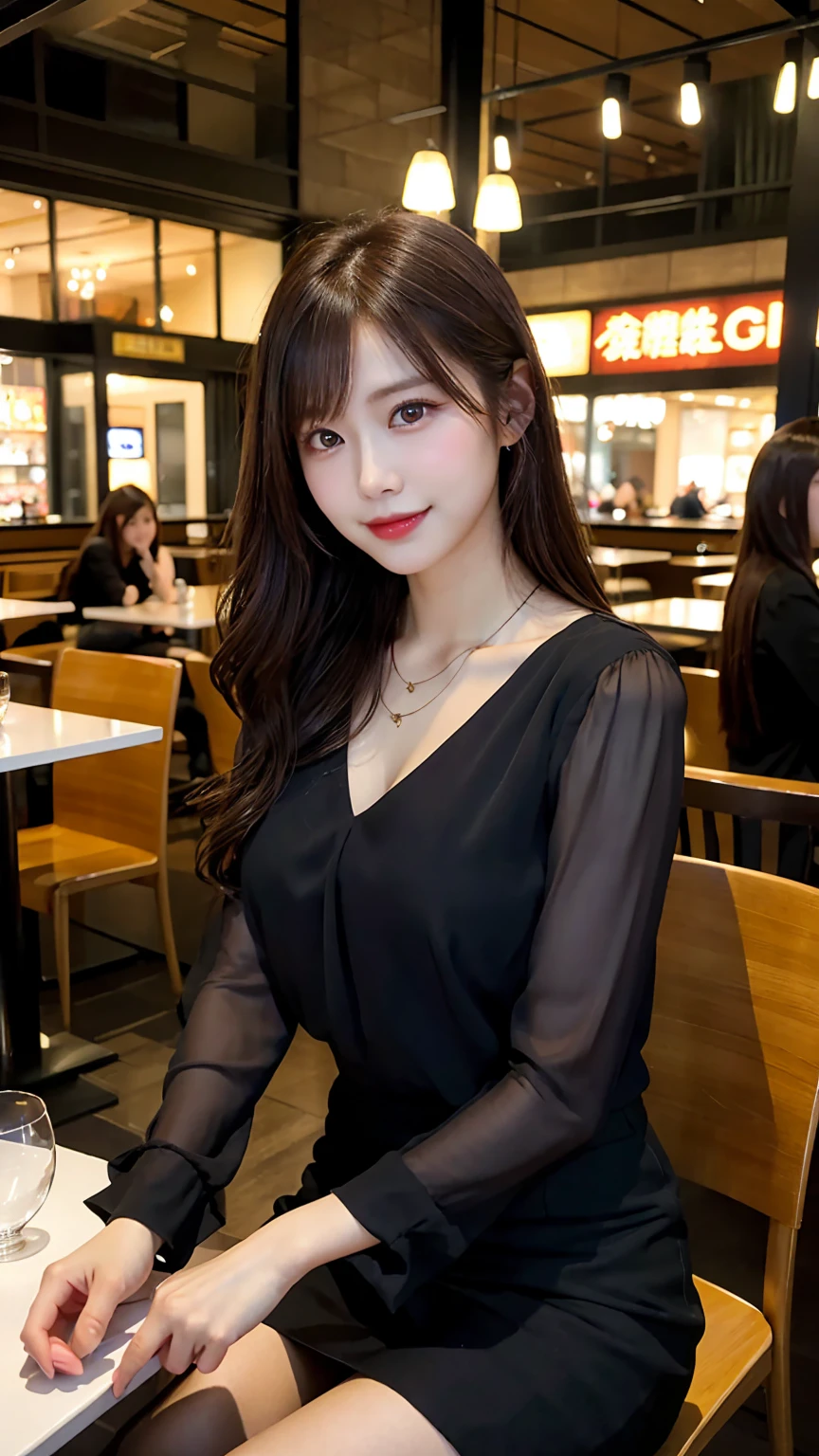 highest quality, masterpiece, 8K, ultra high resolution, (realistic: 1.4), beautiful face, symmetrical eyes, Japanese, 20 years old, brown hair, smile, wearing makeup, high-definition images, atmospheric perspective, super detail, accurate, best quality, (angle from under the table),  Japanese , (2 girls:1.7), drooping eyes, sleepy face, blush, in the city, busy, skyscrapers, skirt, high heels, necklace, black blouse , restaurant with large windows, takes a seat,  night scene, windows have harbor view, foods, romantic dinner 