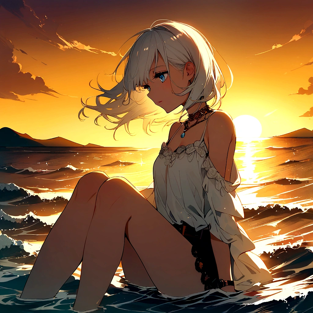 Beautiful girl ,with white hair,blue eyes,sitting on the ocean,watches the sun set below the horizon.Warm yellow sand .