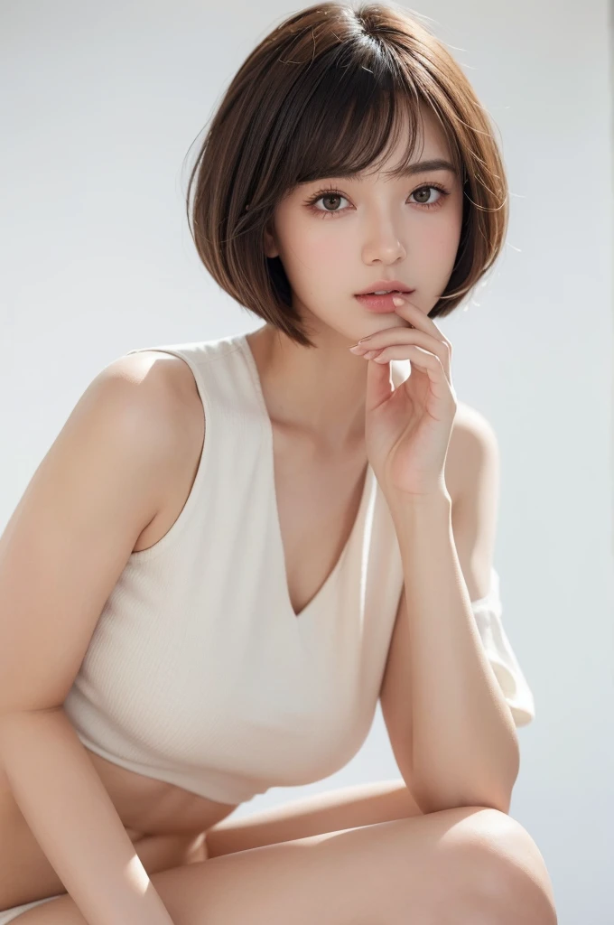 Create an up-close image of a young woman's face with a short bob haircut, characterized by a sleek and slightly tousled appearance. Her hair color is a soft brown with subtle highlights, and she has long, wispy bangs that frame her face delicately. She has a youthful, fresh look with minimal makeup, giving her a natural and radiant complexion. The background is plain and white, emphasizing her features. She wears a simple, white shirt that adds to the clean and effortless style of the image. One of her hands, with cute, neatly manicured nails, is firmly covering her mouth, adding a playful and thoughtful expression to her face. The overall mood is fresh, modern, and approachable.