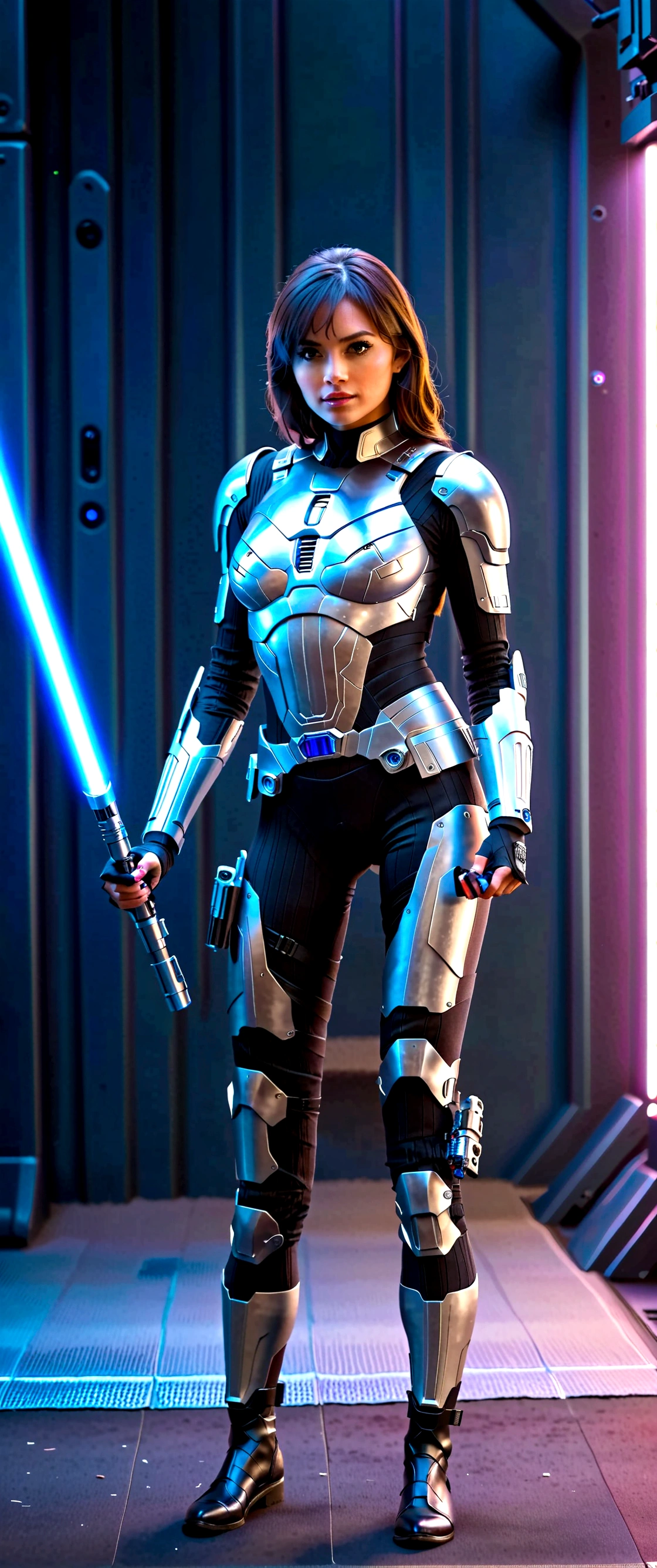 A cute woman (sci fi outfit, tight fitting body armor, wielding a blue light saber) behind her is a rack with various weapons and costume pieces