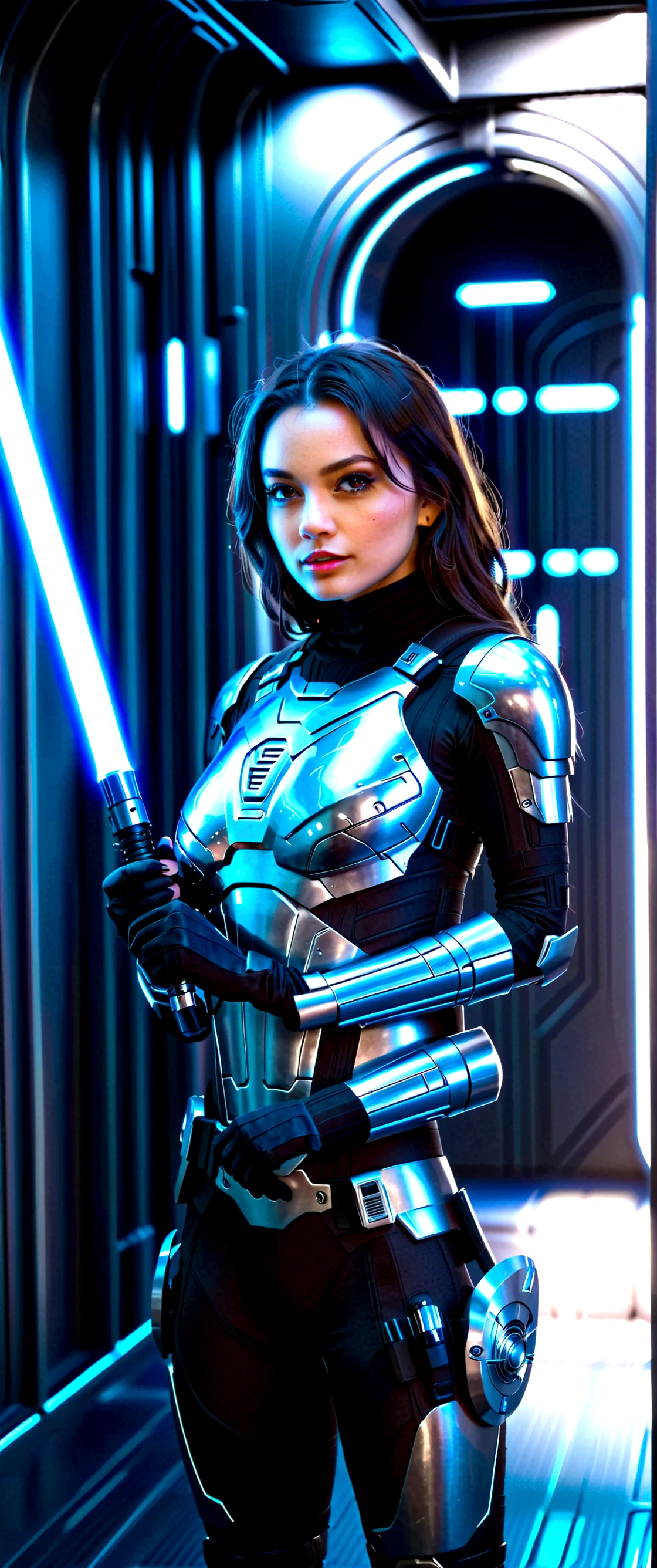 A cute woman (sci fi outfit, tight fitting body armor, wielding a blue light saber) behind her is a rack with various weapons and costume pieces