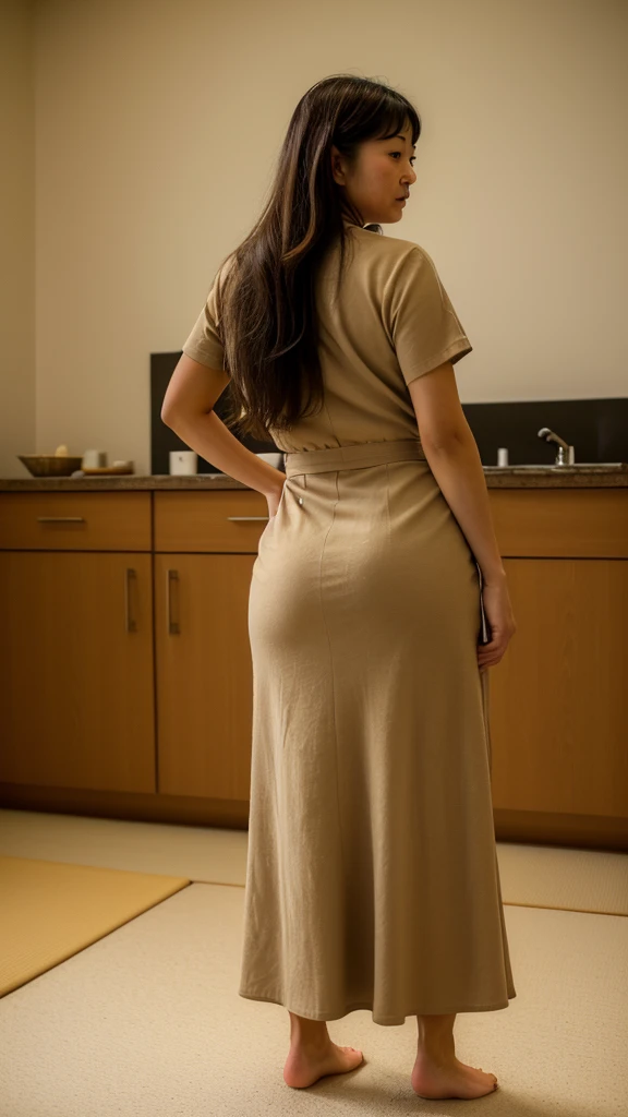 ((best quality)), ((masterpiece)), ((realistic)), 30-years-old, Japanese woman, sweeping the froor, mopping with bare hands, hands on the floor, wearing beige Plizkated Suit dress, long skirt, enormous hips, big ass, thick thight, housekeeping, back view, looking at viewer