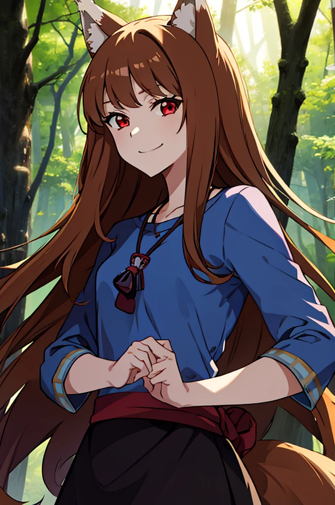 (masterpiece:1.3), (best quality:1.1), (8k, ultra detailed, ultra high res:1.2), ((anime style:)), (perfect 5 fingers:1.1), perfect anatomy, 
1girl, wolf girl, 
pastel color, colorful,
BREAK long hair, wolf ears, fuffy hair in the ears, 
brown hair, smile, 
BREAK red eyes, BREAK blue T-shirt, brown skirt, long skirt, small breasts,   
BREAK looking at viewer, 
(upper body:1.2), standing, outdoor, outside, ((forest)), sky, 