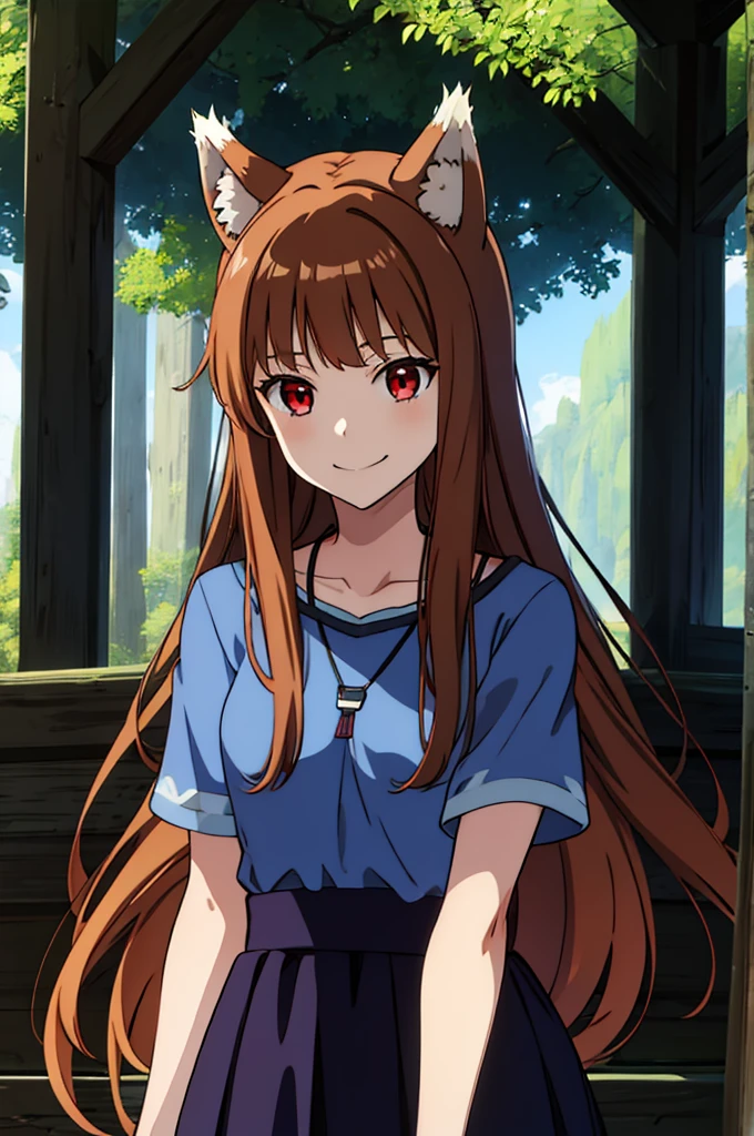 (masterpiece:1.3), (best quality:1.1), (8k, ultra detailed, ultra high res:1.2), ((anime style:)), (perfect 5 fingers:1.1), perfect anatomy, 
1girl, wolf girl, 
pastel color, colorful,
BREAK long hair, wolf ears, fuffy hair in the ears, 
brown hair, smile, 
BREAK red eyes, BREAK blue T-shirt, brown skirt, long skirt, small breasts,   
BREAK looking at viewer, 
(upper body:1.2), standing, outdoor, outside, ((forest)), sky, 