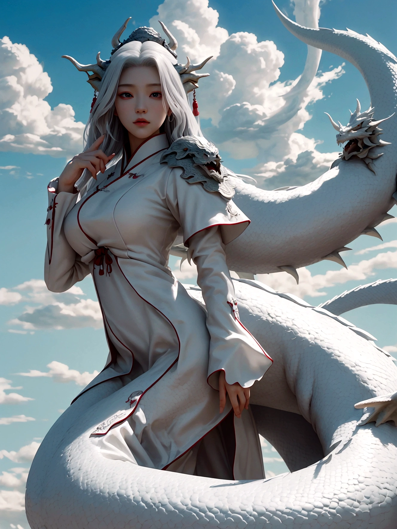 (tmasterpiece), (Best quality at best), Cinematic quality,Rendered by Octane,Ultra-detailed details,Cloud dragon composed of white clouds,Huge JAPANESE dragon,Slender dragon body,body of revolution,Dragon tail,Dragon's Horn,dragon claw,GHIBLI
