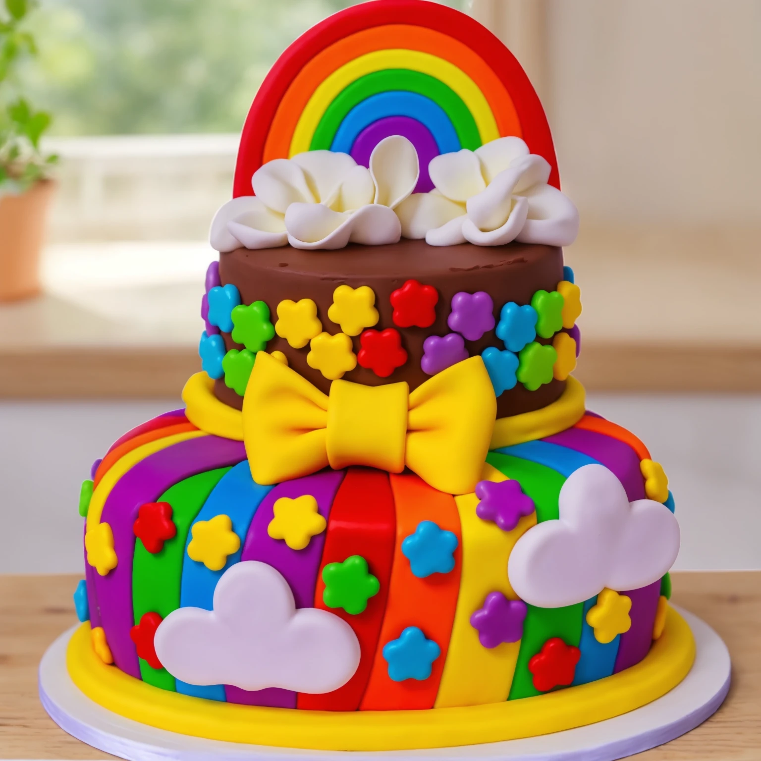 on a wooden table, two-tier cake on a white plate. chocolate cake. polymer clay cake decor, rainbow stripes, rainbow stars, white glazes made of polymer clay, Yellow bow, polymer clay rainbow, brown cream near a rainbow in the shape of clouds, against the background of the kitchen, against the background of the window, Beautiful light from the window, Beautiful sunlight, bright lighting, there is a vase with a plant on a wooden table. Realistic style, realistic texture, detailed texture, high quality, A high resolution, macro photography, ultra hd 4k, 