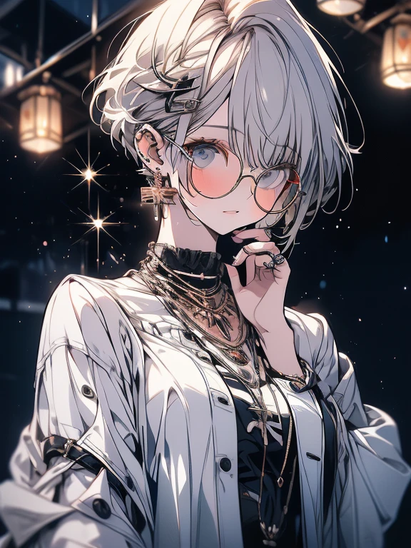 (masterpiece:1.2), Highest quality,sexy,Big Breasts, alone, Colored glasses, jewelry, hair ornaments, View your viewers,One girl, short hair,Earrings, whole body, hair 花, Colored glasses, sunglasses, necklace, bangs, Gray Hair, Round Glasses, Earrings