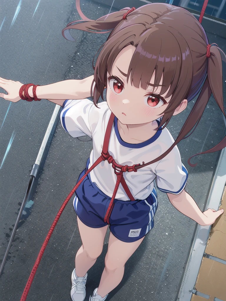 Outdoor,night,rain,Rope climbing to the roof,Raise your arms up,Holding a large brown rope,Hanging on to the rope,White gym clothes,A red full harness over the gym uniform,Red eyes,Long twin tails,Brown Hair,Eyebrows visible through hair,Flat Chest,Looking Up,A view from above,face focus, 