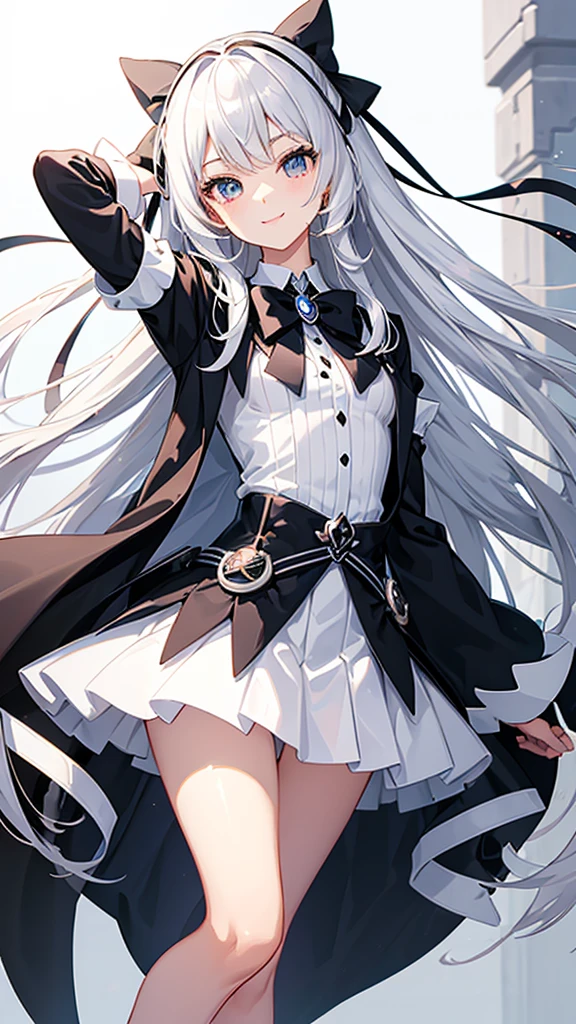 Magical girl black and white costume mini skirt No sleeve Long hair with silver hair Ribbon in hair smile Great style Directly facing universe space
