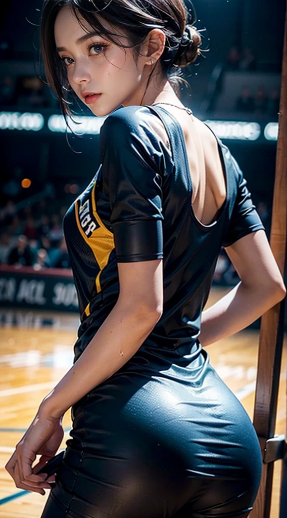 (The FW), 1womanl, Solo, 24 year old, (cute face), (Ideal ratio body proportions), Basketball court, Basketball Uniforms, (((Super close-up of buttocks))), The costume is sheer, Wearing sweat, Wet, short-hair, Dark hair, , A slender, Small buttocks, Skinny Legs, surrealism, Cinematic lighting, depth of fields, One-person viewpoint, F/1.8, 135 mm, nffsw, masutepiece, ccurate, Anatomically correct, Textured skin, Super Detail, high details, High quality, awardwinning, Best Quality, hight resolution, 8K